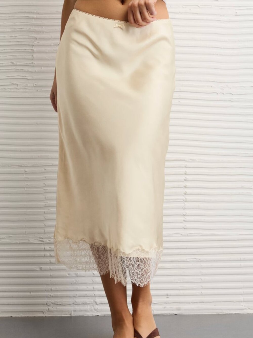 American Eagle Satin Lace Hem Slip Midi Skirt